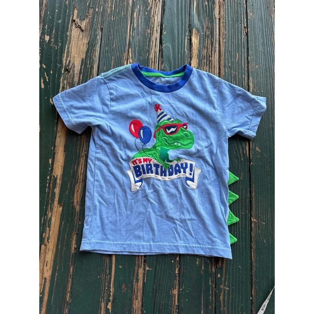 Gymboree Boys Blue Dinosaur Its My Birthday T-Shirt Size 6 T-Rex 3D Spikes